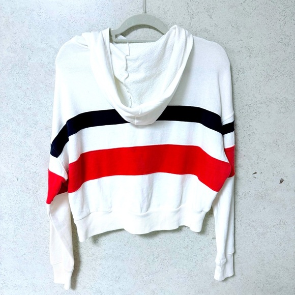 SO LOUNGE LIFE XS WOMENS CROPPED OVERSIZED HOODIE WHITE RED BLUE BOXY SWEATSHIRT - Picture 7 of 8